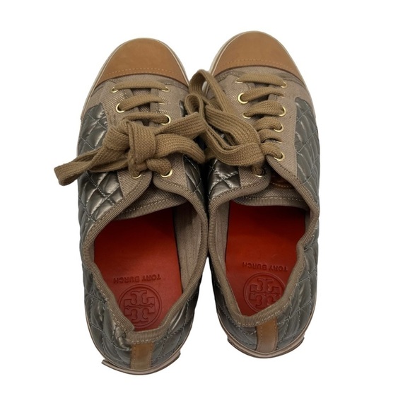 Tory Burch Gold Quilted Lace Up Cap Toe Sneakers Size 8.5 Women’s - Picture 4 of 10